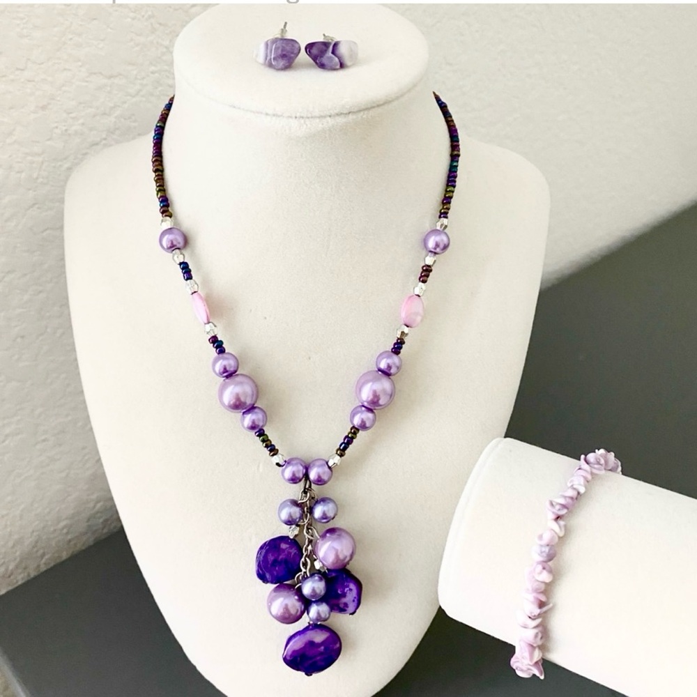 Purple Seashell Bracelet and Beaded Necklace with Natural Amethyst Earrings Set
